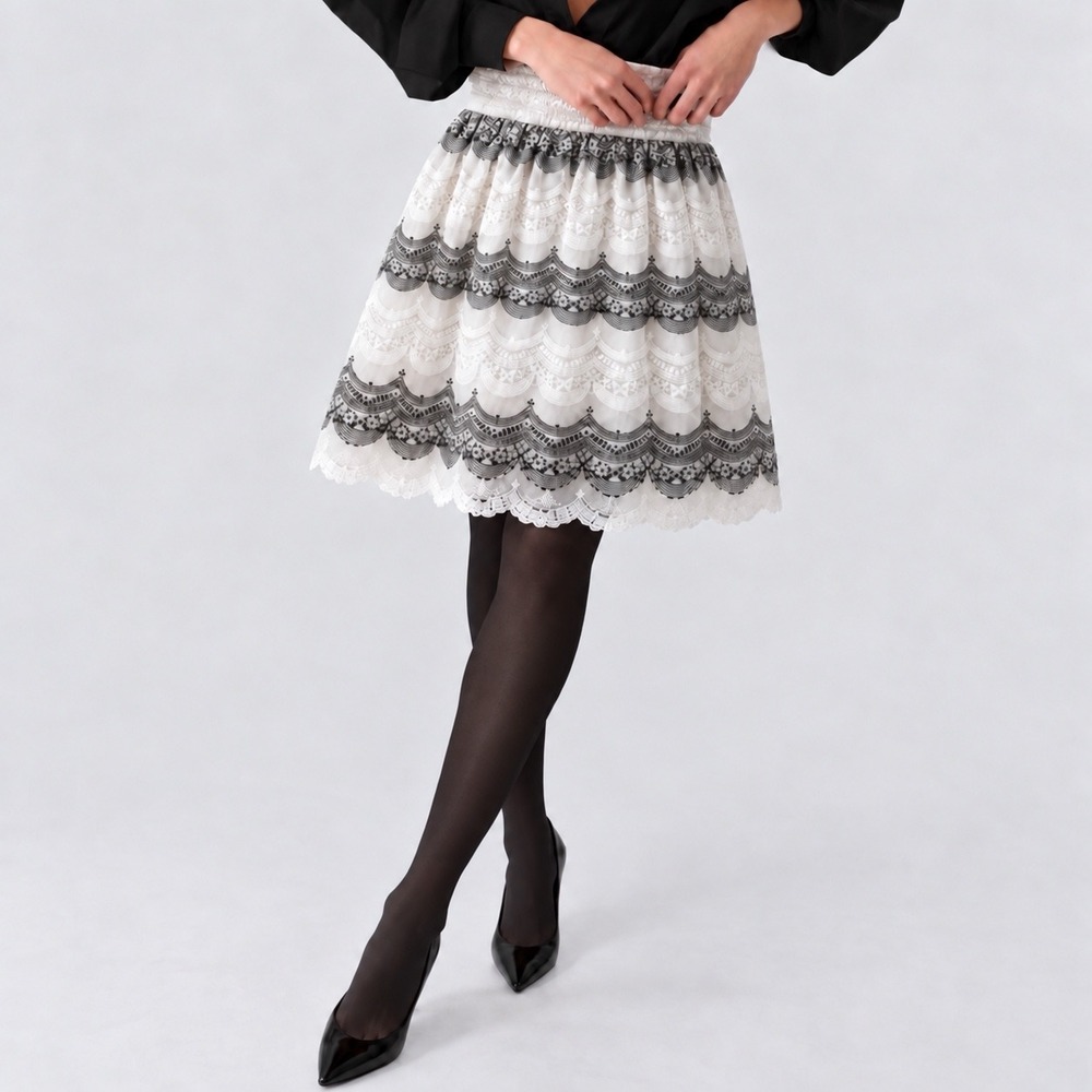 Me 2 Magic Tiered Lace Midi Skirt Scalloped Embroidered White Black Size M